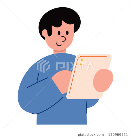 Vector cartoon illustration of man using a tablet. Digital technology, online communication, and modern lifestyle concept. 130969351