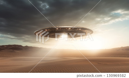 A ufo hovering above a desert dune 130969382