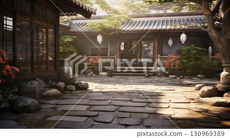 A zen temple courtyard with a sense of tranquility and peace A zen temple courtyard with a sense of tranquility and peace 130969389