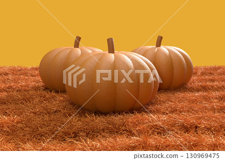 草地上橙色南瓜和基座的 3D 插圖 草地上橙色南瓜和基座的 3D 插圖 130969475