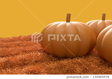 草地上橙色南瓜和基座的 3D 插圖 草地上橙色南瓜和基座的 3D 插圖 130969476