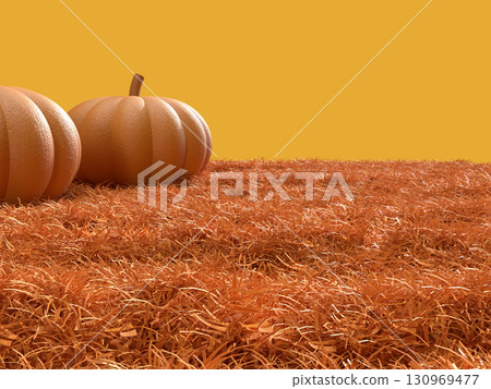 草地上橙色南瓜和基座的 3D 插圖 草地上橙色南瓜和基座的 3D 插圖 130969477