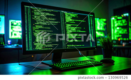 AI Code on Black Terminal Screen in Dark Room. AI themed Background. Generated Image AI Code on Black Terminal Screen in Dark Room. AI themed Background. Generated Image 130969526