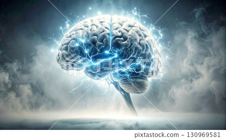 Glowing AI Brain Made of Circuit Lines on Black AI themed Background. Generated Image Glowing AI Brain Made of Circuit Lines on Black AI themed Background. Generated Image 130969581