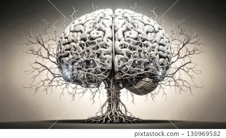 Glowing AI Brain Made of Circuit Lines on Black AI themed Background. Generated Image Glowing AI Brain Made of Circuit Lines on Black AI themed Background. Generated Image 130969582
