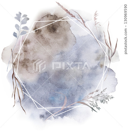 Watercolor boho autumn floral frame with dried leaves in cold winter tones, wedding illustration 130969590