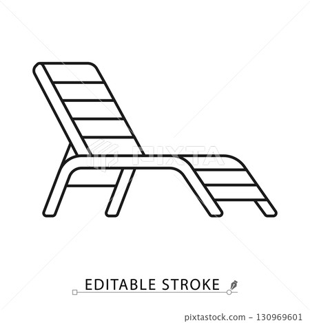 A lounge chair icon in minimalist style with editable stroke. Outdoor furniture, poolside seat, garden relax, patio decor, summer element, beach chair, comfort seat, leisure design. A lounge chair icon in minimalist style with editable stroke. Outdoor furniture, poolside seat, garden relax, patio decor, summer element, beach chair, comfort seat, leisure design. 130969601