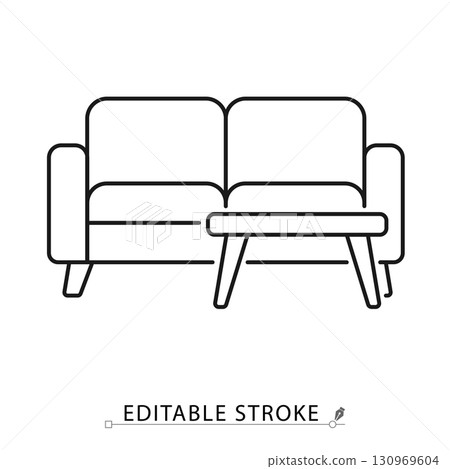 A sofa icon in minimalist style with editable stroke. Living room furniture, couch with table, home decor, interior design, comfort seat, lounge element, modern furniture, relaxation symbol. A sofa icon in minimalist style with editable stroke. Living room furniture, couch with table, home decor, interior design, comfort seat, lounge element, modern furniture, relaxation symbol. 130969604
