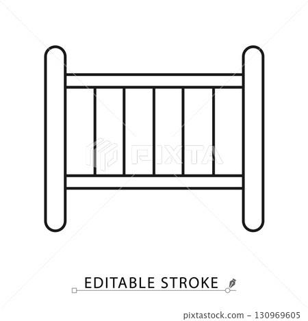 A baby crib icon in minimalist style with editable stroke. Nursery furniture, infant bed, childcare element, wooden crib, bedroom decor, parenting symbol, toddler sleep, home interior design. 130969605