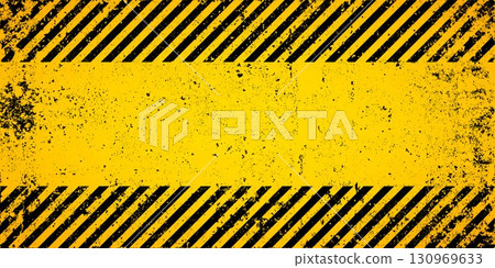 Warning sign with yellow and black diagonal lines. Attention, danger or caution symbol. Construction site signage, road safety notice, hazard banner, security alert shield. Vector illustration 130969633