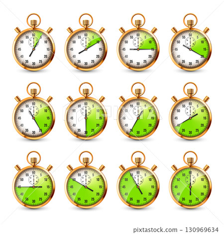 Realistic classic stopwatch. Shiny golden metal chronometer, time counter with dial. Green countdown timer showing minutes and seconds. Time measurement for sport, start, finish. Vector illustration 130969634