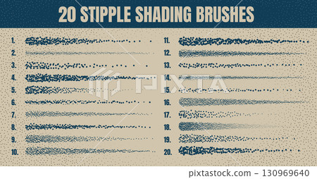 Ink scatter brush, stipple drawing and texturing. Fading gradient. Stippling, dotwork drawing, shading using dots. Halftone disintegration effect. White noise grainy texture. Vector illustration Ink scatter brush, stipple drawing and texturing. Fading gradient. Stippling, dotwork drawing, shading using dots. Halftone disintegration effect. White noise grainy texture. Vector illustration 130969640