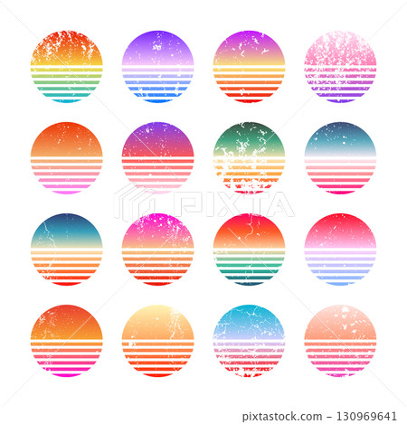 Grunge vintage colorful sunset. Striped gradient sunrise badges in 80s and 90s style. Sun and ocean view, summer vibes, surfing. Design element for print, logo or t-shirt. Vector illustration Grunge vintage colorful sunset. Striped gradient sunrise badges in 80s and 90s style. Sun and ocean view, summer vibes, surfing. Design element for print, logo or t-shirt. Vector illustration 130969641