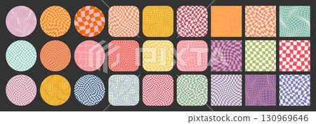 Groovy checkered pattern, colorful tiled grid. Vintage wavy curved backdrop, distortion effect. Funky geometric chessboard texture, retro background in 90s style, y2k. Vector illustration Groovy checkered pattern, colorful tiled grid. Vintage wavy curved backdrop, distortion effect. Funky geometric chessboard texture, retro background in 90s style, y2k. Vector illustration 130969646