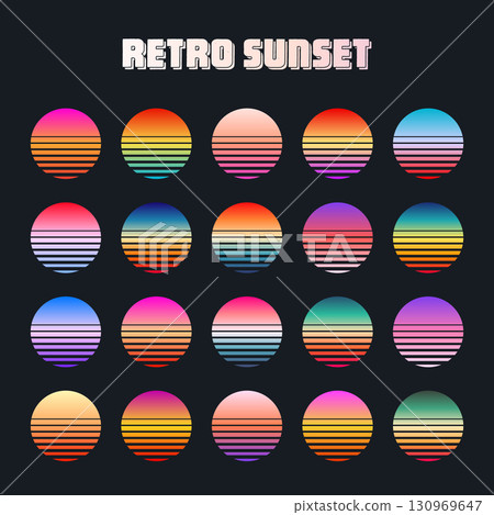 Vintage colorful sunset. Striped gradient sunrise badges in 80s and 90s style. Sun and ocean view, summer vibes, surfing. Design element for print, logo or t-shirt. Vector illustration 130969647