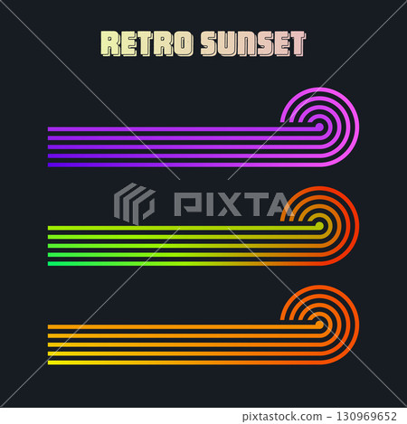 Vintage colorful sunset. Various gradient striped sunrise badges in 80s and 90s style. Sun and ocean view, summer vibes, surfing. Design element for print, logo or t-shirt. Vector illustration 130969652
