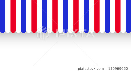 Shop sunshade. Realistic striped cafe awning. Outdoor market tent. Roof canopy in French flag colors. Summer street store. Vector illustration. 130969660