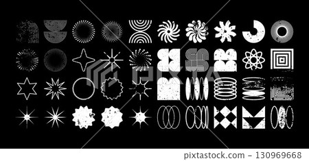 Brutalist geometric shapes, modern grunge symbols. Simple primitive elements and forms, distressed details. Retro design, aged, vintage, trendy contemporary minimalist style, y2k. Vector illustration 130969668