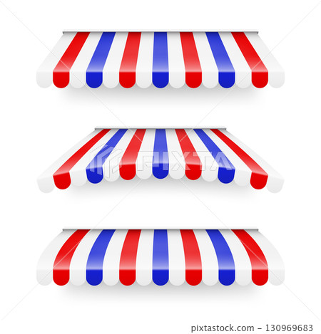 Shop sunshade. Realistic striped cafe awning. Outdoor market tent. Roof canopy in French flag colors. Summer street store. Vector illustration. 130969683