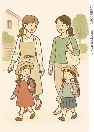 一個背著書包的孩子，他的媽媽來接他。太空。生成式人工智慧。 130969744