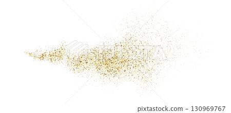 Gold glitter particle dust spray. Abstract dynamic dot spark liquid flow. Gold dust explosions with shimmer particles. Vector element for holiday design, Christmas background 130969767