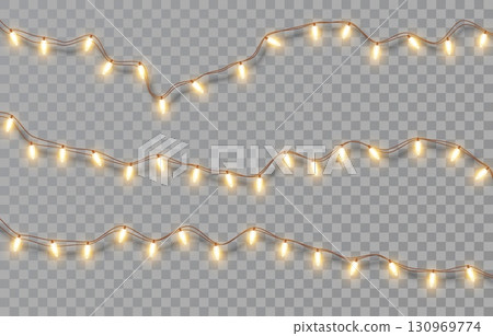 Glowing fairy Christmas garlands string with yellow light bulbs isolated on transparent background. Holiday decorations with glowing lights for Christmas, New Year, party, event. Vector illustration 130969774