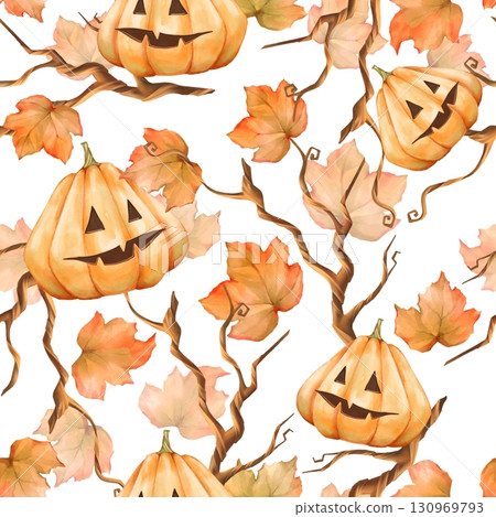 Seamless pattern featuring hand-drawn pumpkins with happy faces, fall leaves and branches. Festive background design for Halloween Seamless pattern featuring hand-drawn pumpkins with happy faces, fall leaves and branches. Festive background design for Halloween 130969793