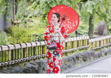A woman in a kimono sightseeing with a Japanese umbrella A woman in a kimono sightseeing with a Japanese umbrella 130969967