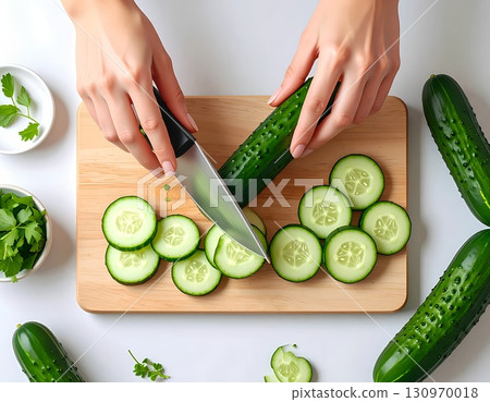 Woman's hands cutting a cucumber 130970018