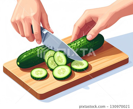 Woman's hands cutting a cucumber Woman's hands cutting a cucumber 130970021