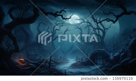Dark forest with a path leading to a gate 130970110