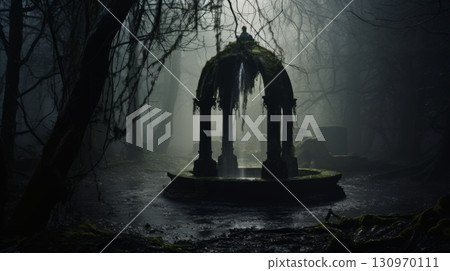 Dark forest with a fountain in the middle of it 130970111