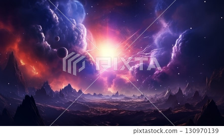 Futuristic hyper space landscape with cosmic explosions 130970139