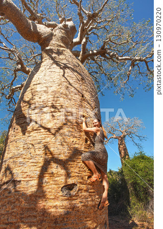Young woman in sandals climbing up the baobab tree - tourist attraction on Madagascar Young woman in sandals climbing up the baobab tree - tourist attraction on Madagascar 130970220