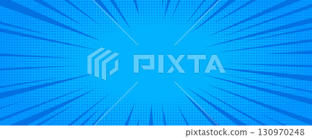 Comic background with blue halftone dots and radial speed motion lines. Vector speed effect for anime posters, stickers, covers, and dynamic graphic designs. 130970248