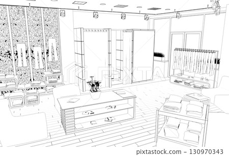 shopping mall, contour visualization, 3D illustration, sketch, outline shopping mall, contour visualization, 3D illustration, sketch, outline 130970343