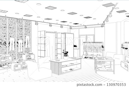 shopping mall, contour visualization, 3D illustration, sketch, outline 130970353