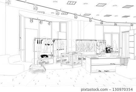 shopping mall, contour visualization, 3D illustration, sketch, outline 130970354