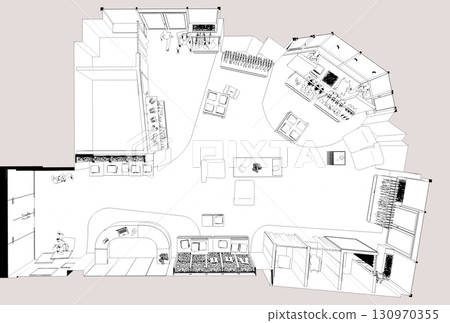 shopping mall, contour visualization, 3D illustration, sketch, outline 130970355