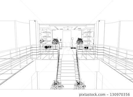 shopping mall, contour visualization, 3D illustration, sketch, outline 130970356