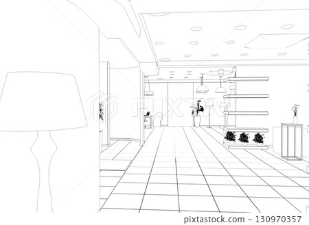 shopping mall, contour visualization, 3D illustration, sketch, outline 130970357