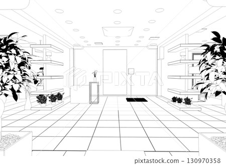 shopping mall, contour visualization, 3D illustration, sketch, outline 130970358