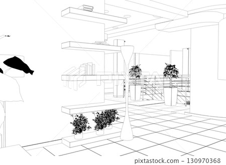 shopping mall, contour visualization, 3D illustration, sketch, outline 130970368