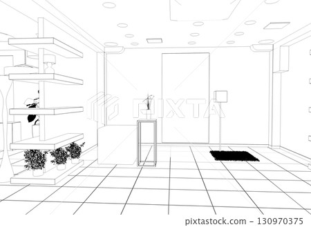 shopping mall, contour visualization, 3D illustration, sketch, outline 130970375
