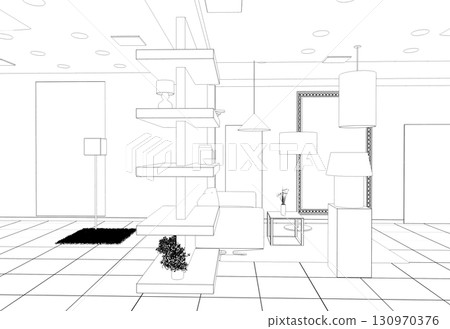 shopping mall, contour visualization, 3D illustration, sketch, outline 130970376