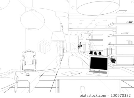 shopping mall, contour visualization, 3D illustration, sketch, outline 130970382