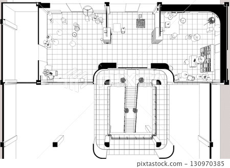 shopping mall, contour visualization, 3D illustration, sketch, outline 130970385