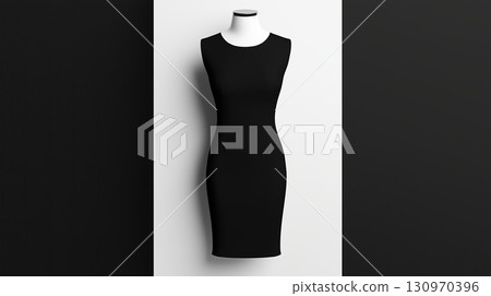 Elegant black dress displayed on a mannequin against a minimalist background 130970396