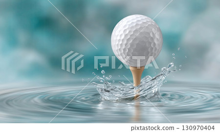 Golf ball making a splash in water with ripples and reflections 130970404