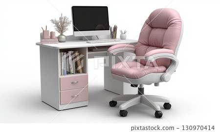 Modern desk setup with stylish chair and computer in a bright workspace 130970414